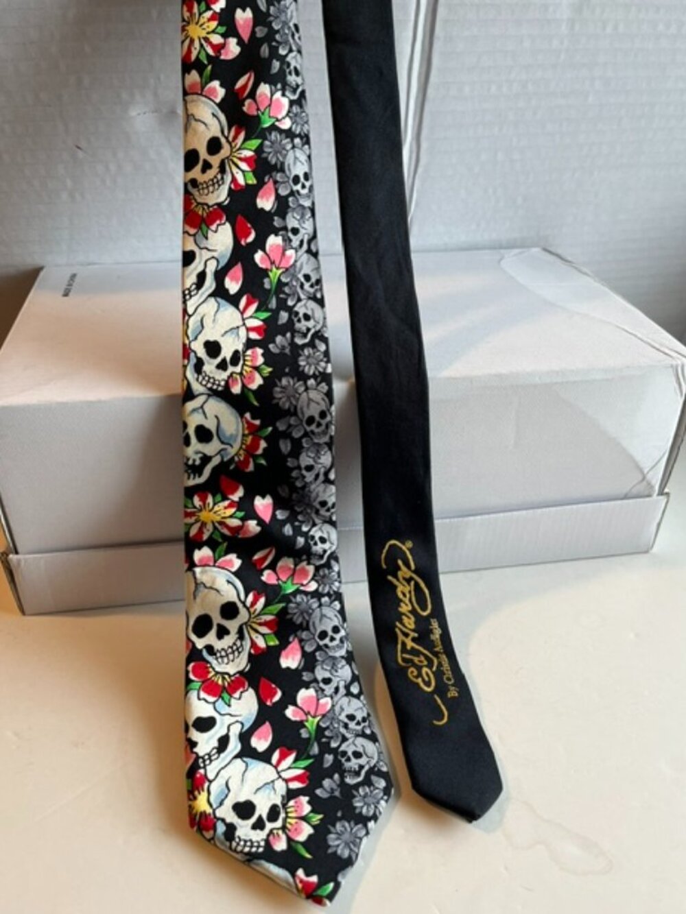 Ed Hardy by Christian Audigier black silk necktie.